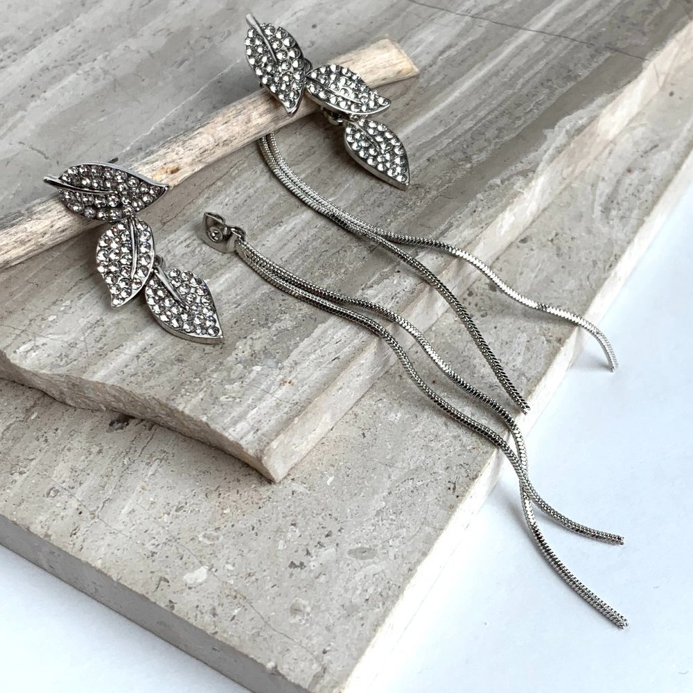 NEW ~ Anthropologie Crystal Leaf Chain Drop Silver Earrings